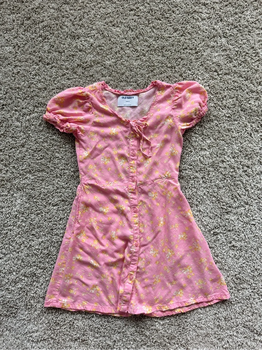Old Navy Girls Pink Floral Dress Size Small 6/7 Puff Sleeve Button Front